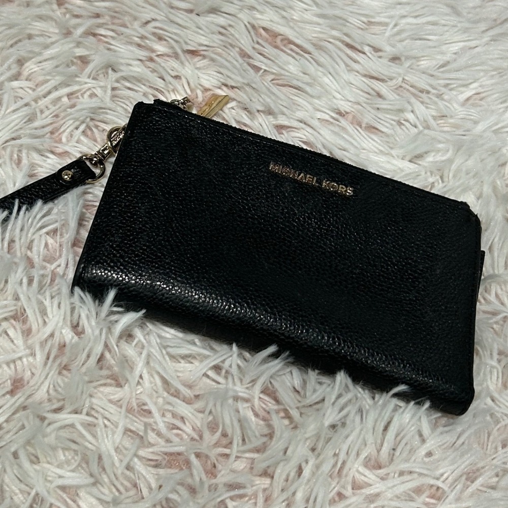 Michael Kors Adele Double Zip Wristlet Wallet Black Pebble Leather Bifold Gift